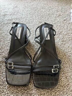 Steve Madden Black Croc-Texture Strappy Square-Toe Heels